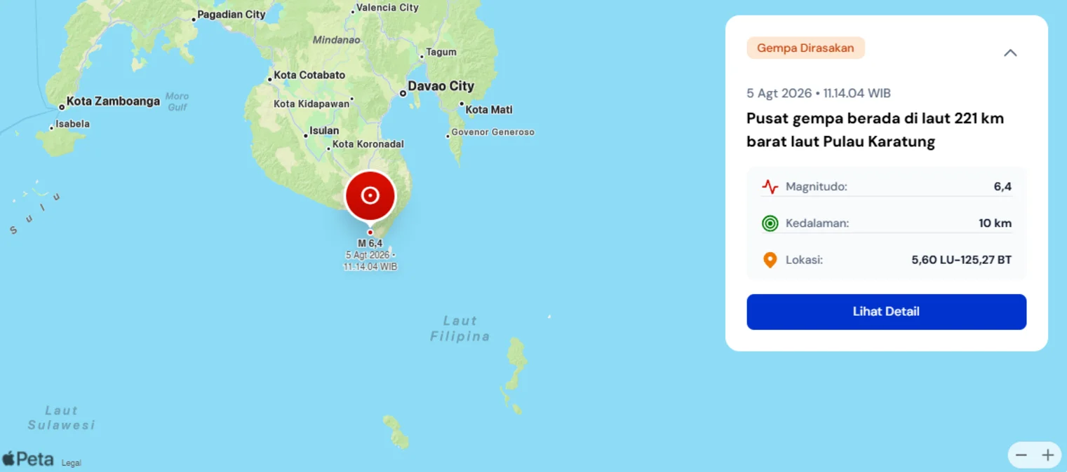 Gempa Magnitudo 6,4 Guncang Dekat Pulau Karatung